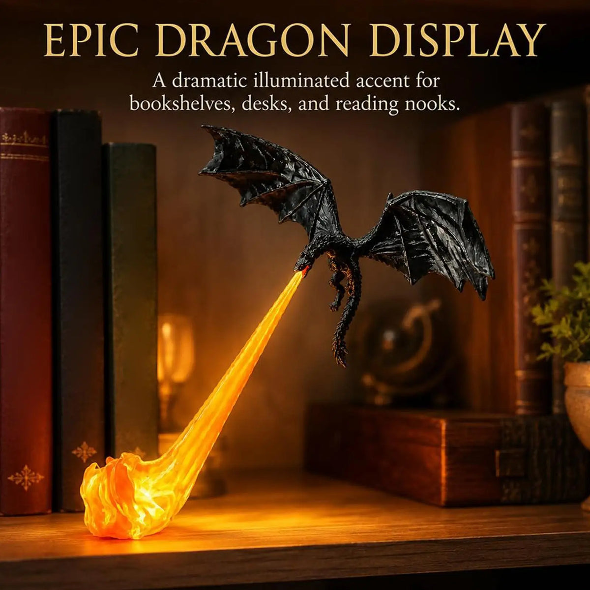 FireDrake book lamp casting a warm glow across a bookshelf